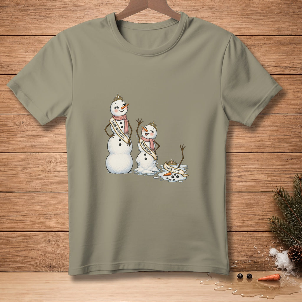 Three snowmen with sashes labeled Miss Winter, Miss Spring, and Miss July are shown melting.