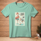 Flamingo and melting snowman design with "GOOD FORM" text on light blue t-shirt.