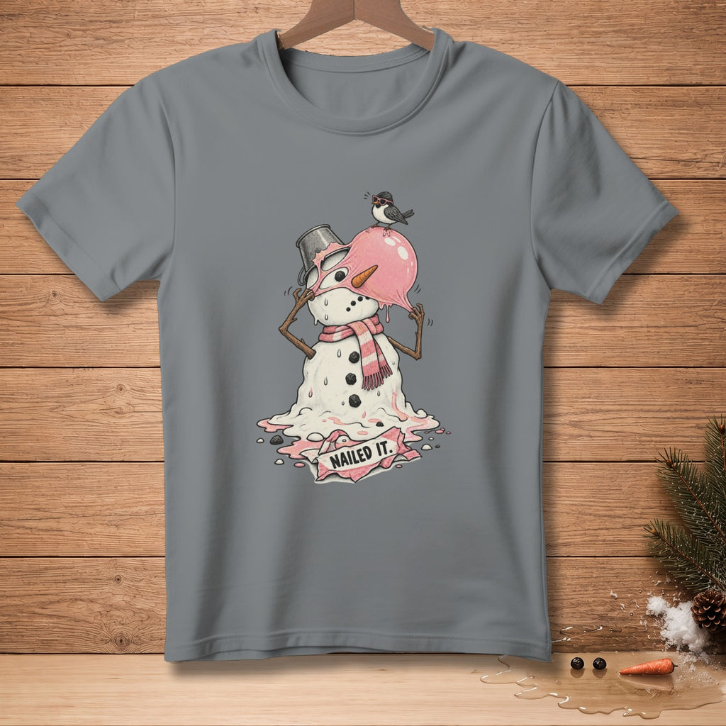 Melting snowman with a bird on its head and text "NAILED IT."