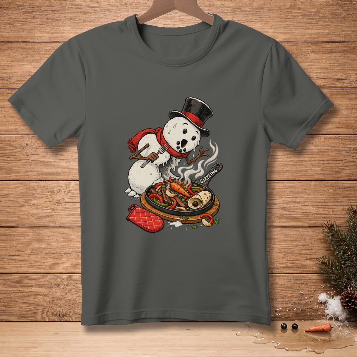 Snowman in top hat cooking sizzling fajitas on a cast iron pan.