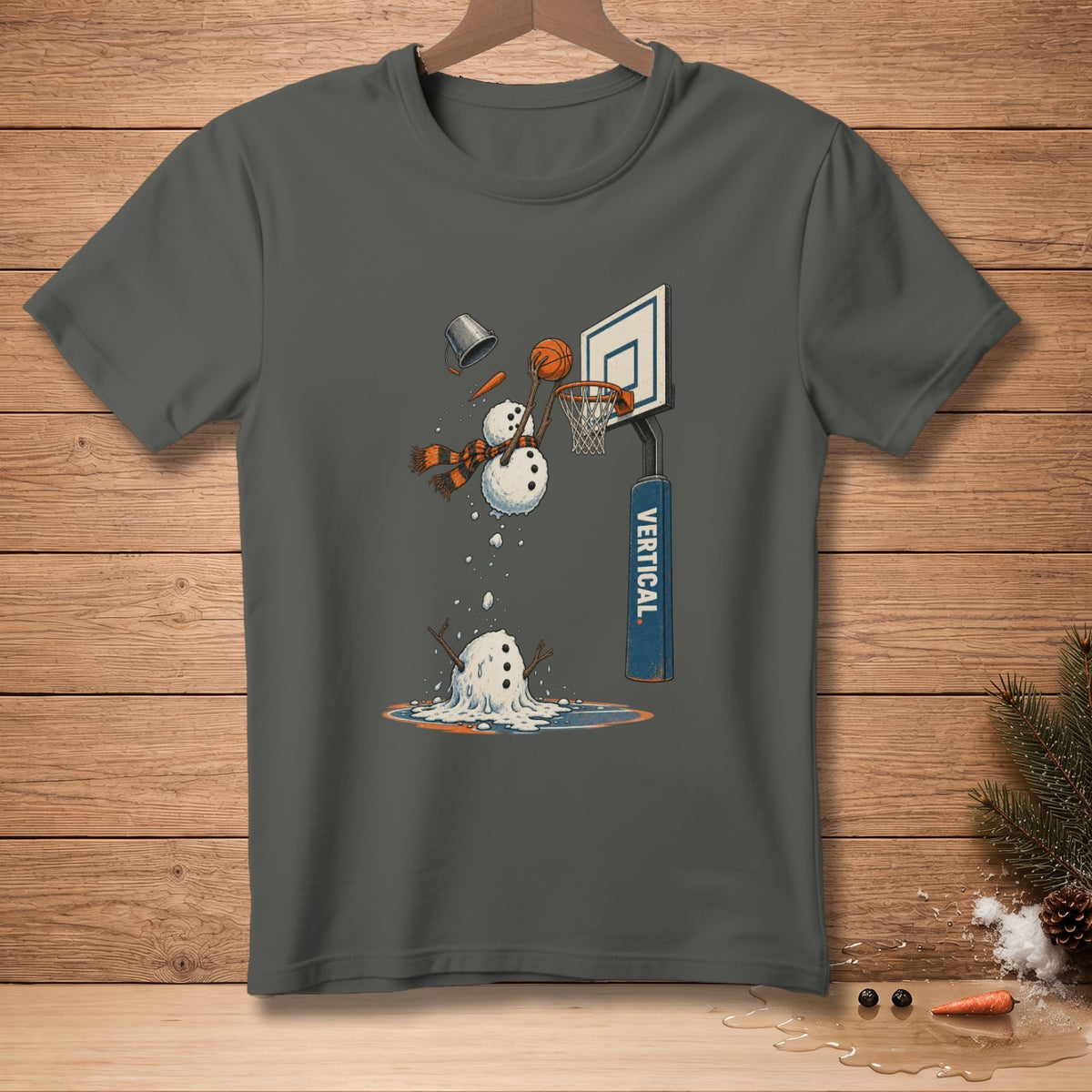 Snowman playing basketball, one melting, with "VERTICAL." on the hoop pole.