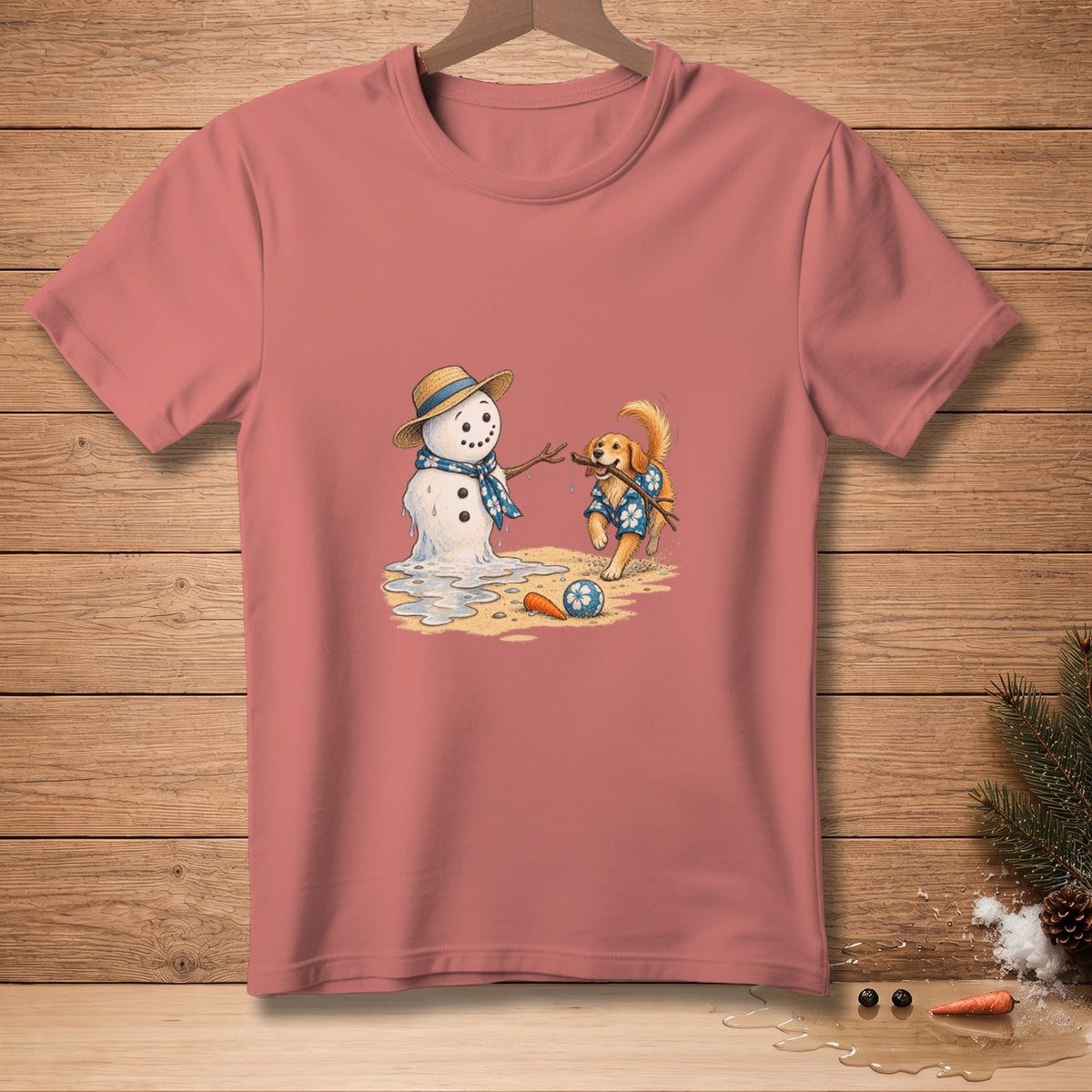 Melting snowman with straw hat and scarf plays fetch with a golden retriever.