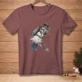Snowman scuba diver with "DEEP THOUGHTS" tank, coral, and fish on maroon t-shirt.