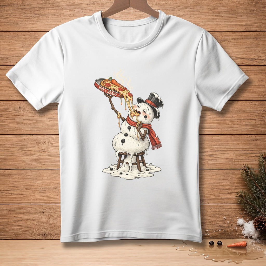 White t-shirt with melting snowman eating pizza that says "Hot & Ready".