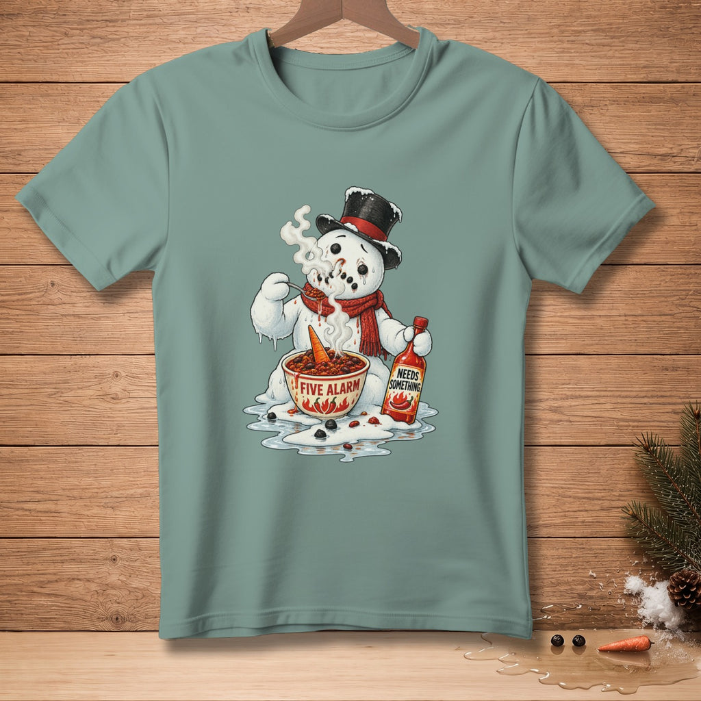Snowman wearing a hat and scarf eats spicy chili from a bowl labeled "Five Alarm".