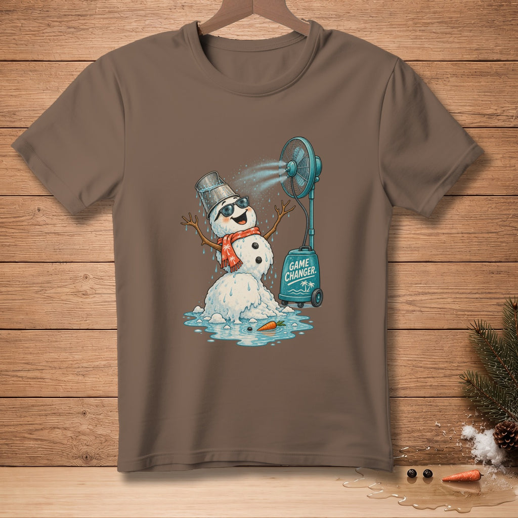 Melting snowman with sunglasses and fan, "Game Changer" text.