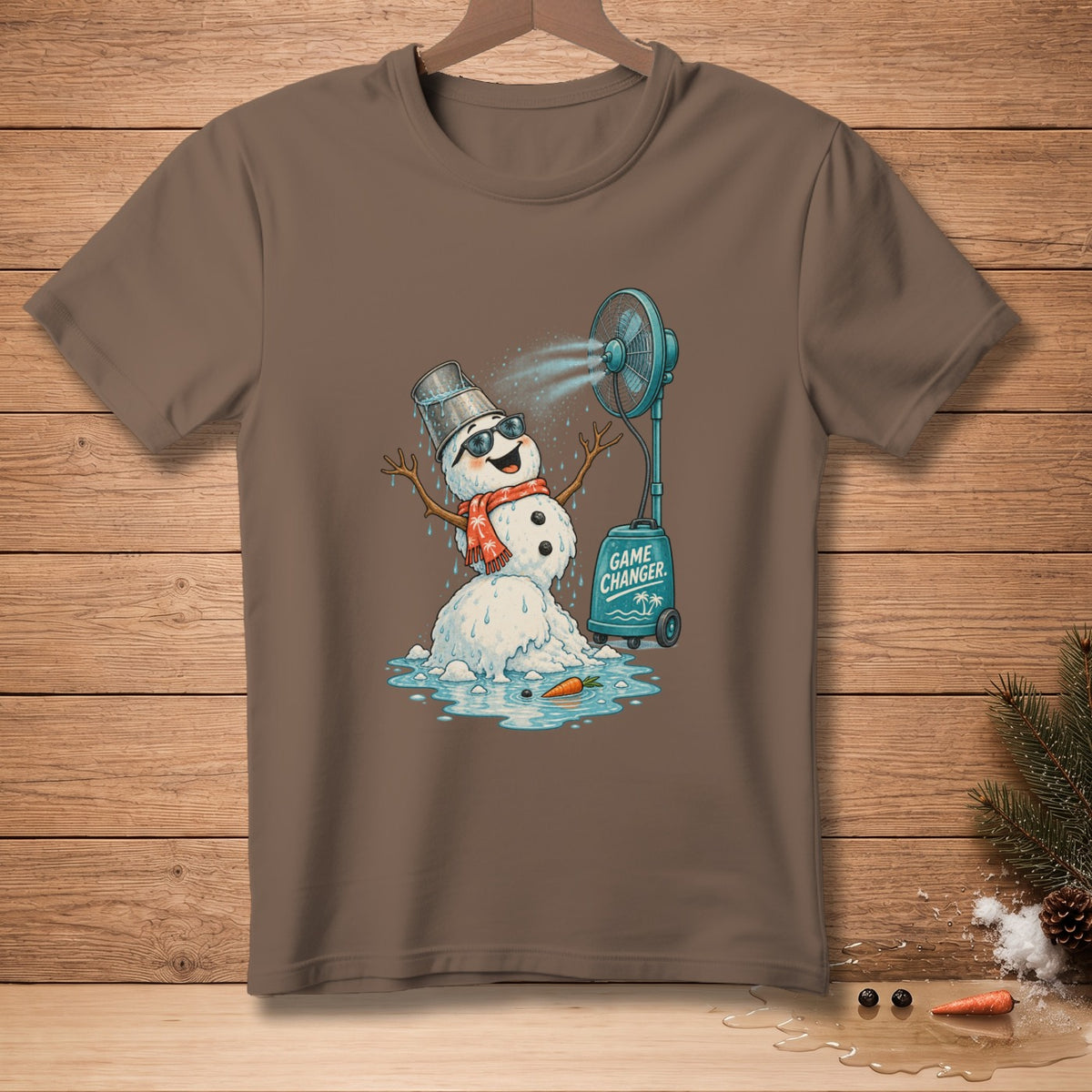 Melting snowman with sunglasses and fan, "Game Changer" text.