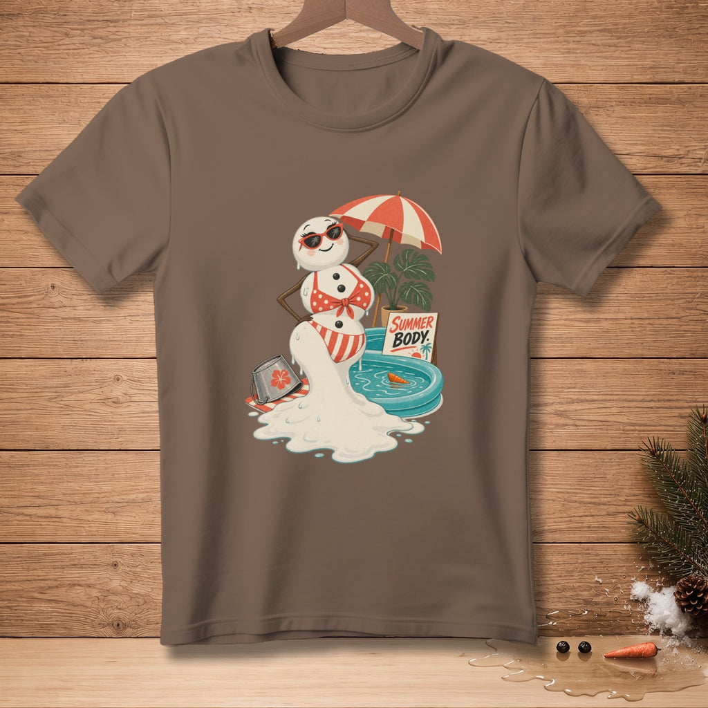 Snowman melting in a kiddie pool, wearing a bikini and sunglasses, with umbrella and text "SUMMER BODY".