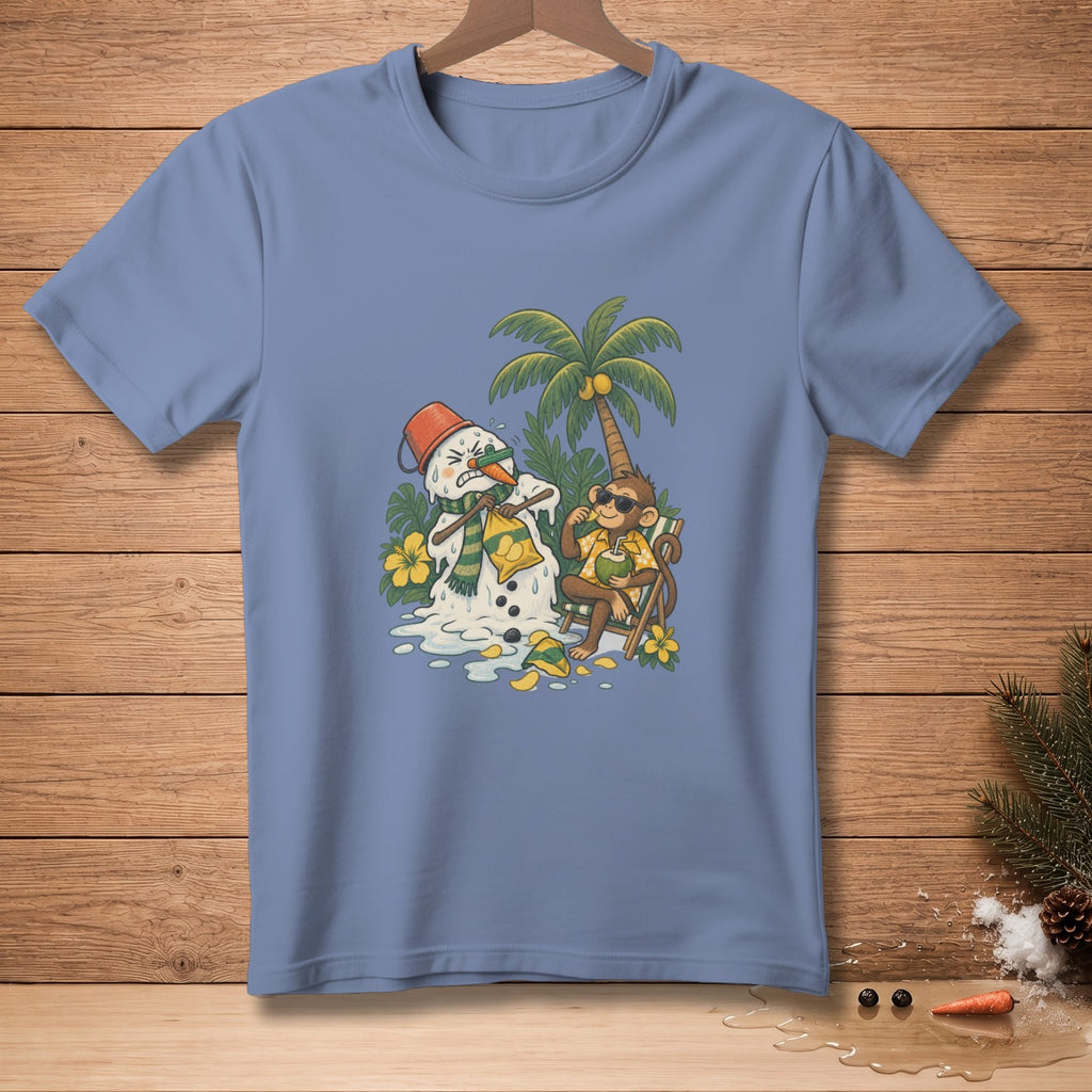 T-shirt graphic: melting snowman in a bucket hat and scarf, and a monkey drinking coconut.