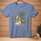 T-shirt graphic: melting snowman in a bucket hat and scarf, and a monkey drinking coconut.