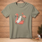 Snowman on flamingo float with flamingo, on grey t-shirt.