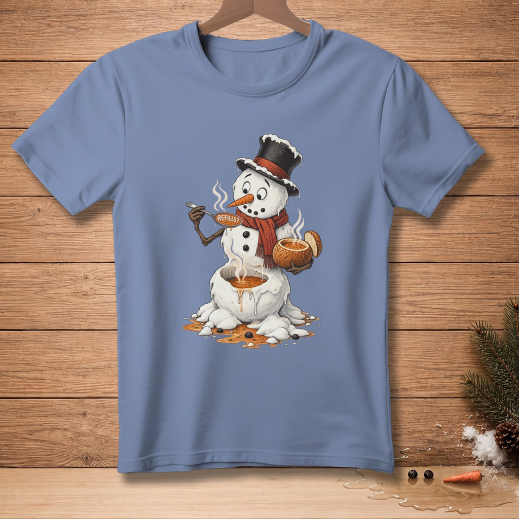 T-shirt graphic of a melting snowman in a top hat drinking soup with "Refills?" tag.