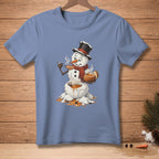 T-shirt graphic of a melting snowman in a top hat drinking soup with "Refills?" tag.