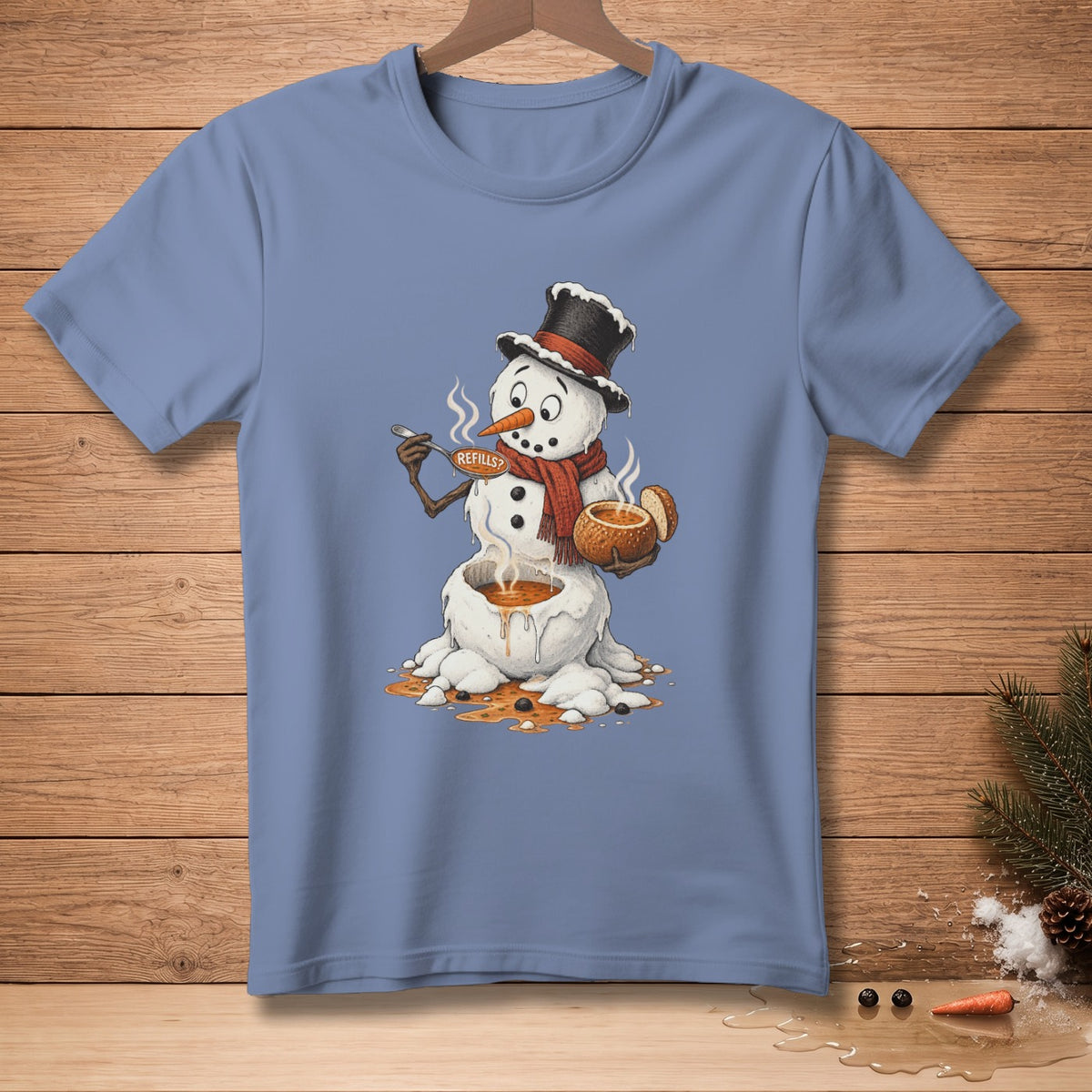 T-shirt graphic of a melting snowman in a top hat drinking soup with "Refills?" tag.
