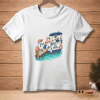 Snowmen in hats and sunglasses board a boat with "ALL ABOARD" text.