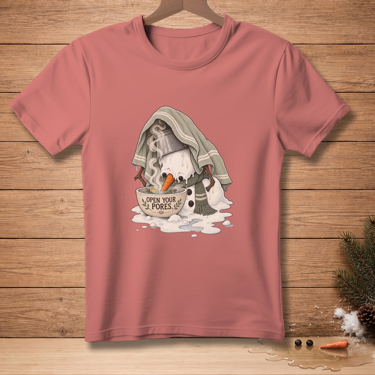 Snowman with towel over head, steaming bowl of water, and text "OPEN YOUR PORES."