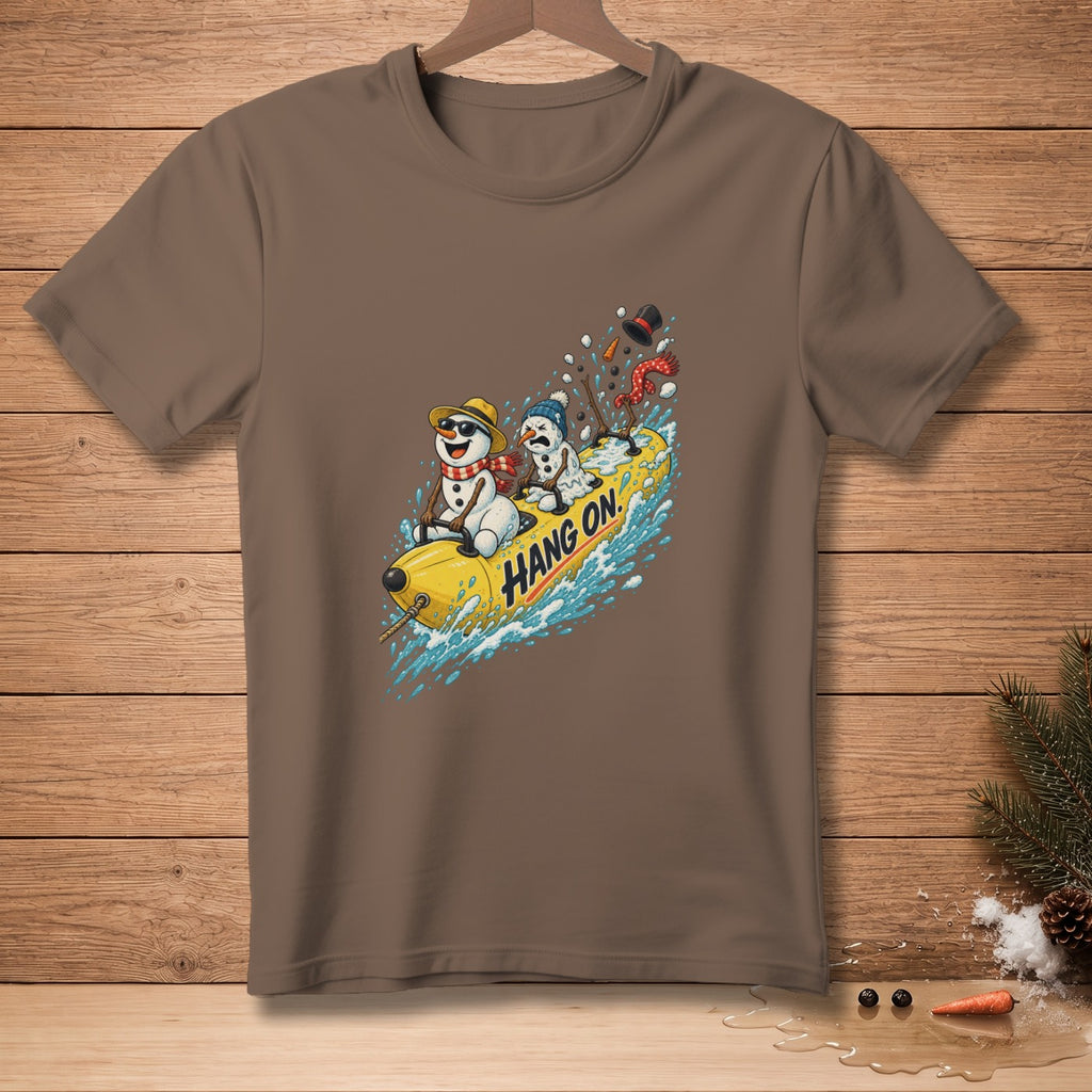 Snowmen riding a yellow banana boat with text "Hang On" on a brown shirt.