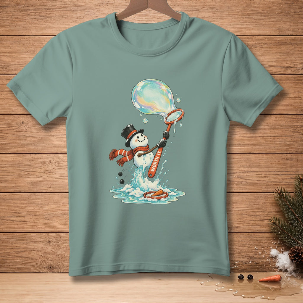 Snowman blowing a large bubble with "Worth It" written on the wand.