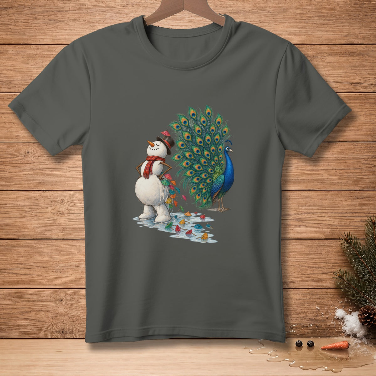 Snowman with peacock feathers and tiny colorful umbrellas.