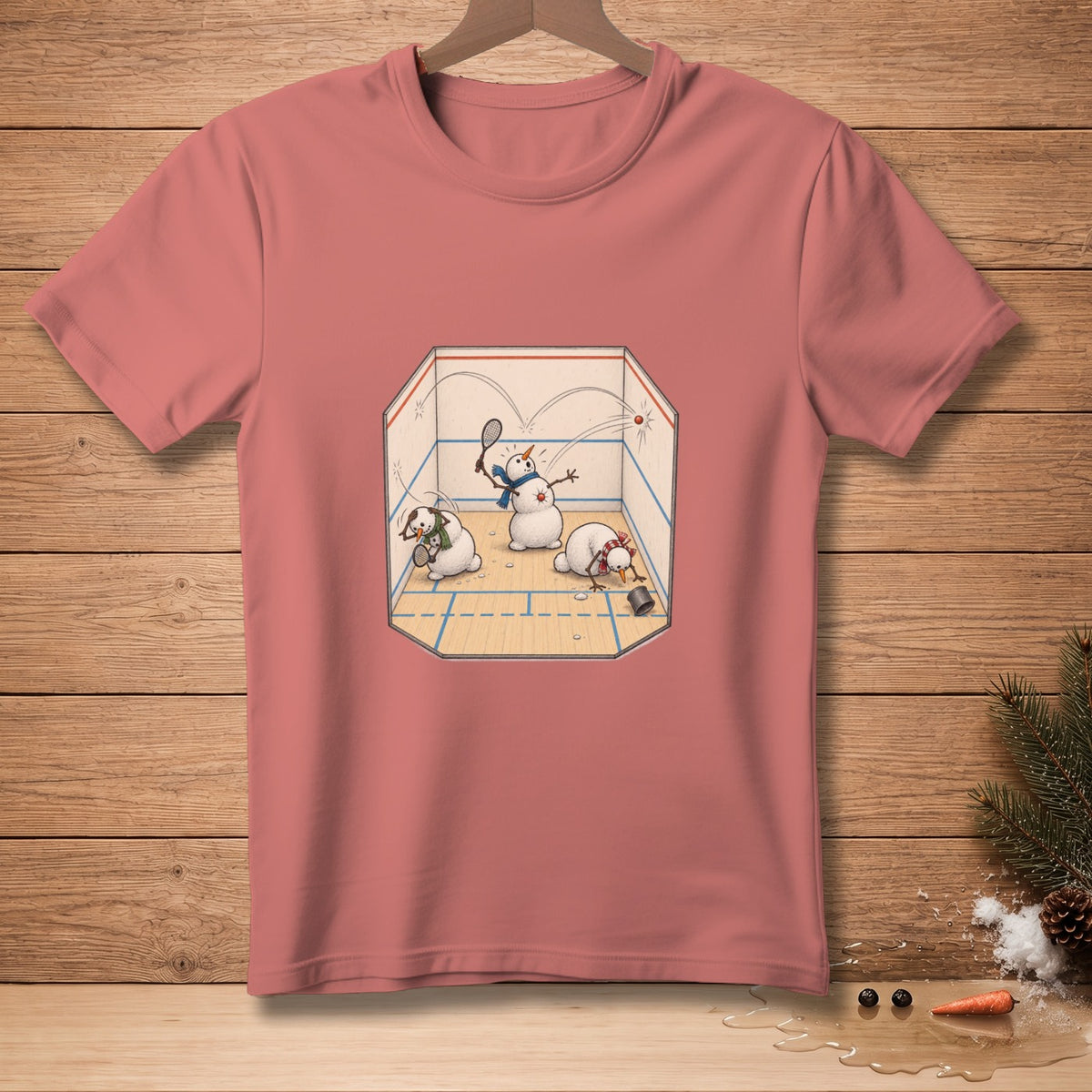 Snowmen playing squash with racquets and a ball inside a court.