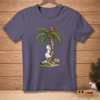 Snowman climbing palm tree with monkeys, sign reads "Almost There."