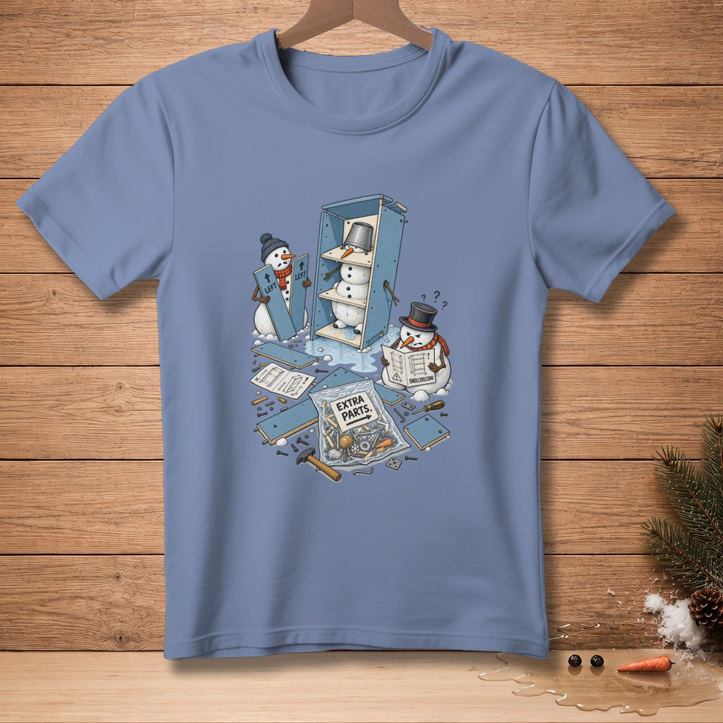 Snowmen assembling furniture with instructions and extra parts.