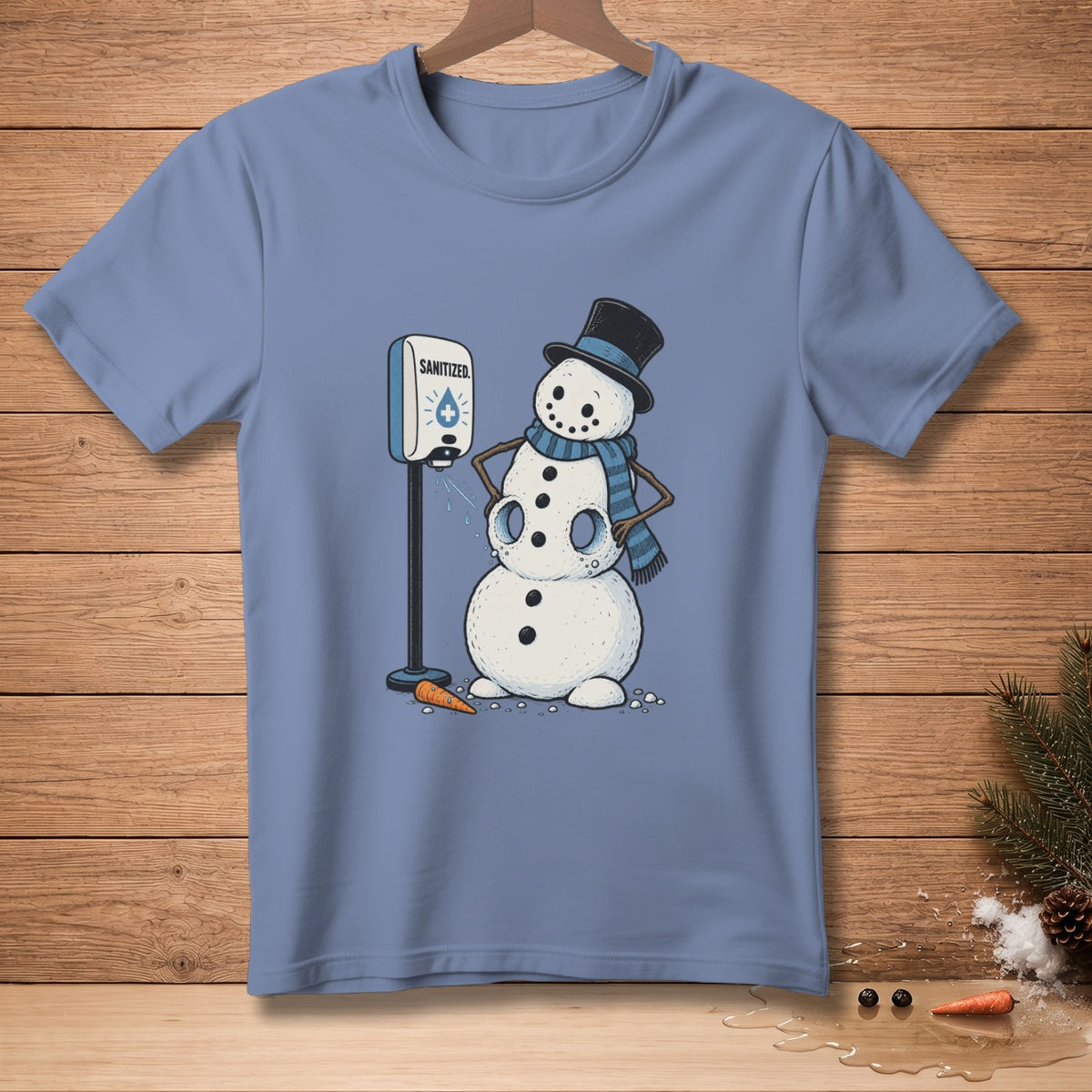 Snowman using a sanitizer dispenser wearing a top hat and scarf.