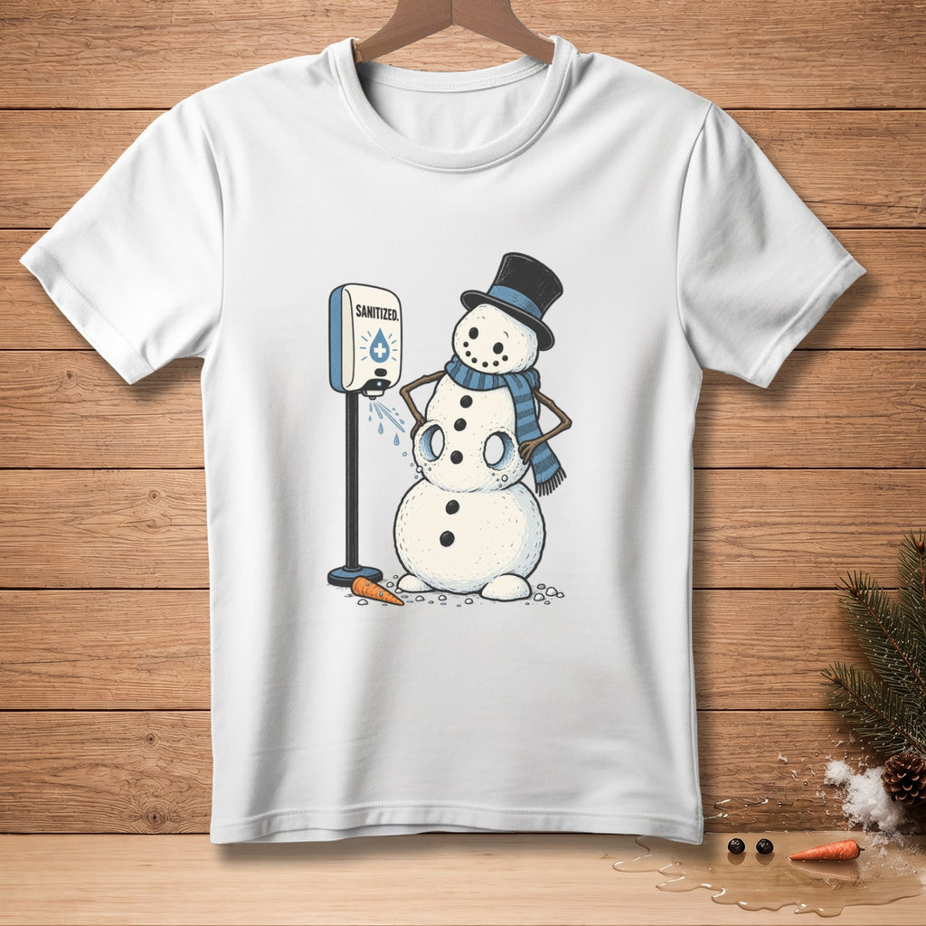 Snowman wearing a hat and scarf using a hand sanitizer dispenser.