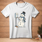 Snowman wearing a hat and scarf using a hand sanitizer dispenser.