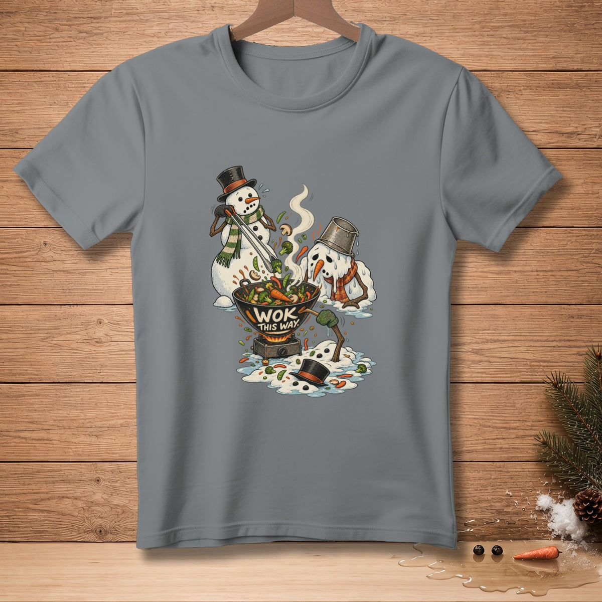Snowmen cooking vegetables in a wok with "Wok This Way" text.