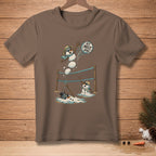 T-shirt with cartoon snowmen playing volleyball, one spiking a ball labeled "Set. Melt. Spike."