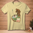 Bigfoot playing mini golf with snowman and score card reading "Birdie".