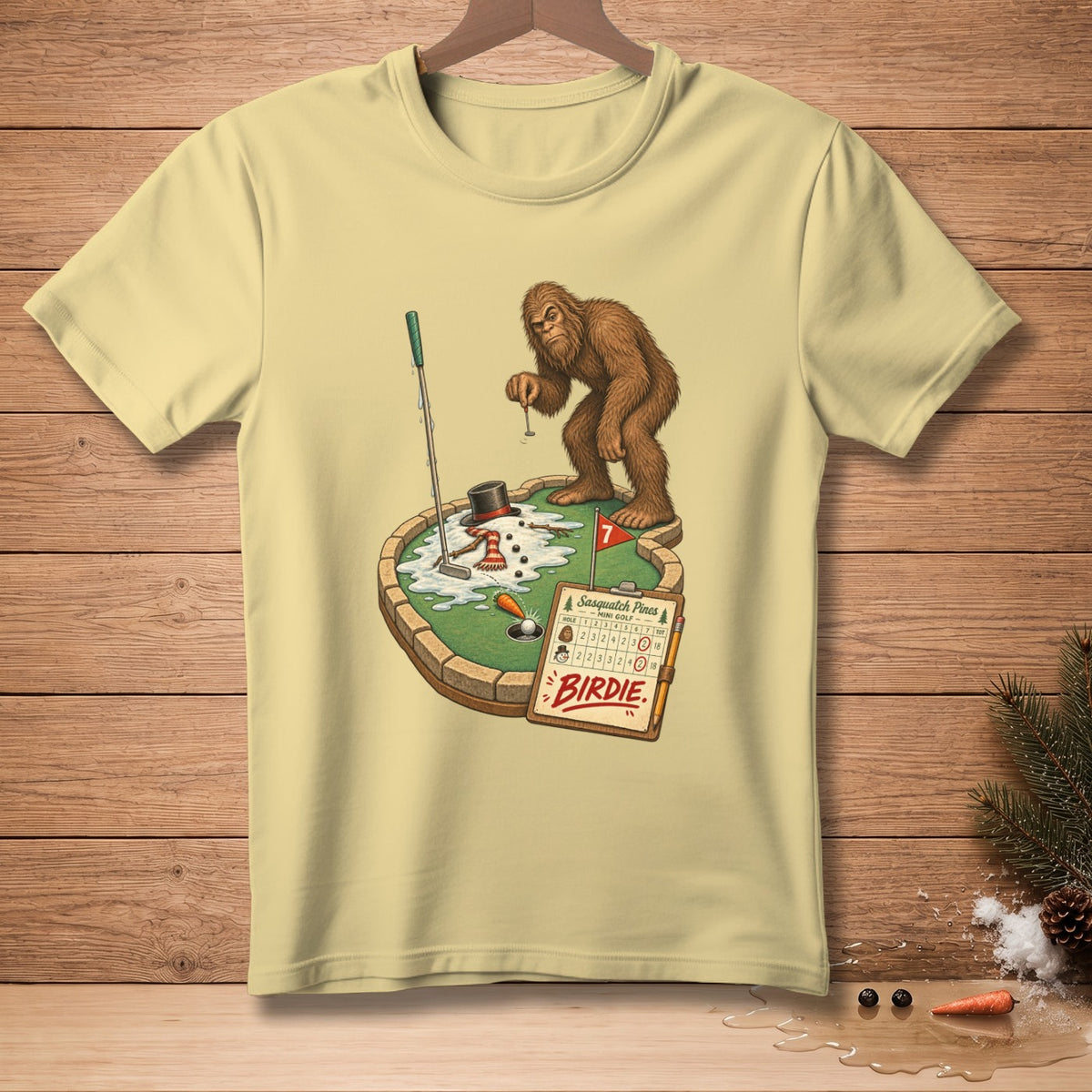 Bigfoot playing mini golf with snowman and score card reading "Birdie".