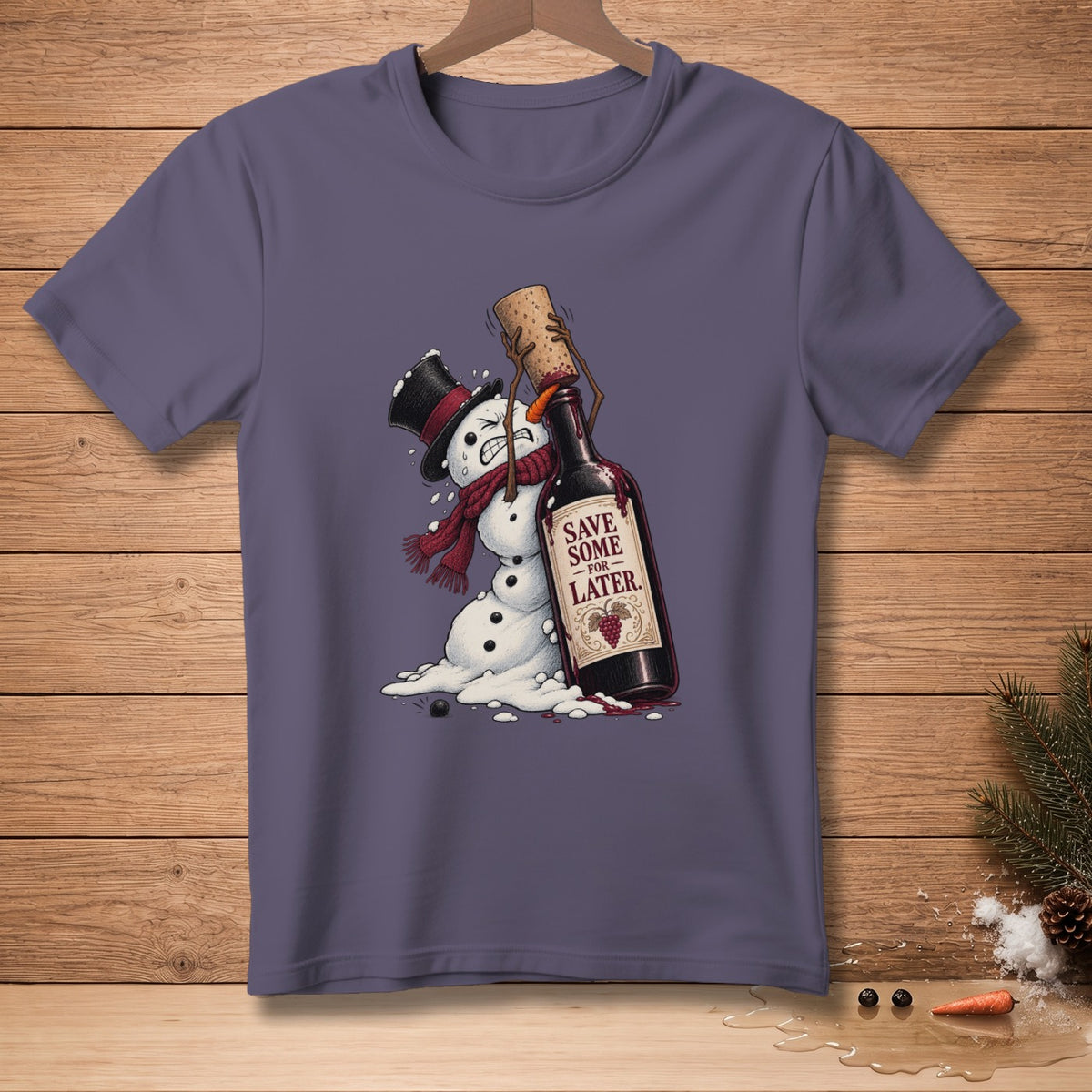 Snowman struggling to cork a wine bottle with text "SAVE SOME FOR LATER".