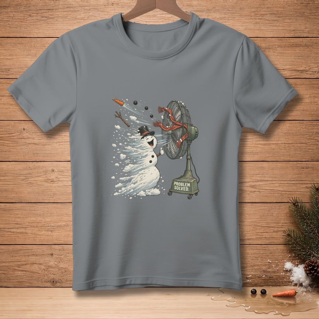 Snowman melting in front of a fan with "Problem Solved" text.