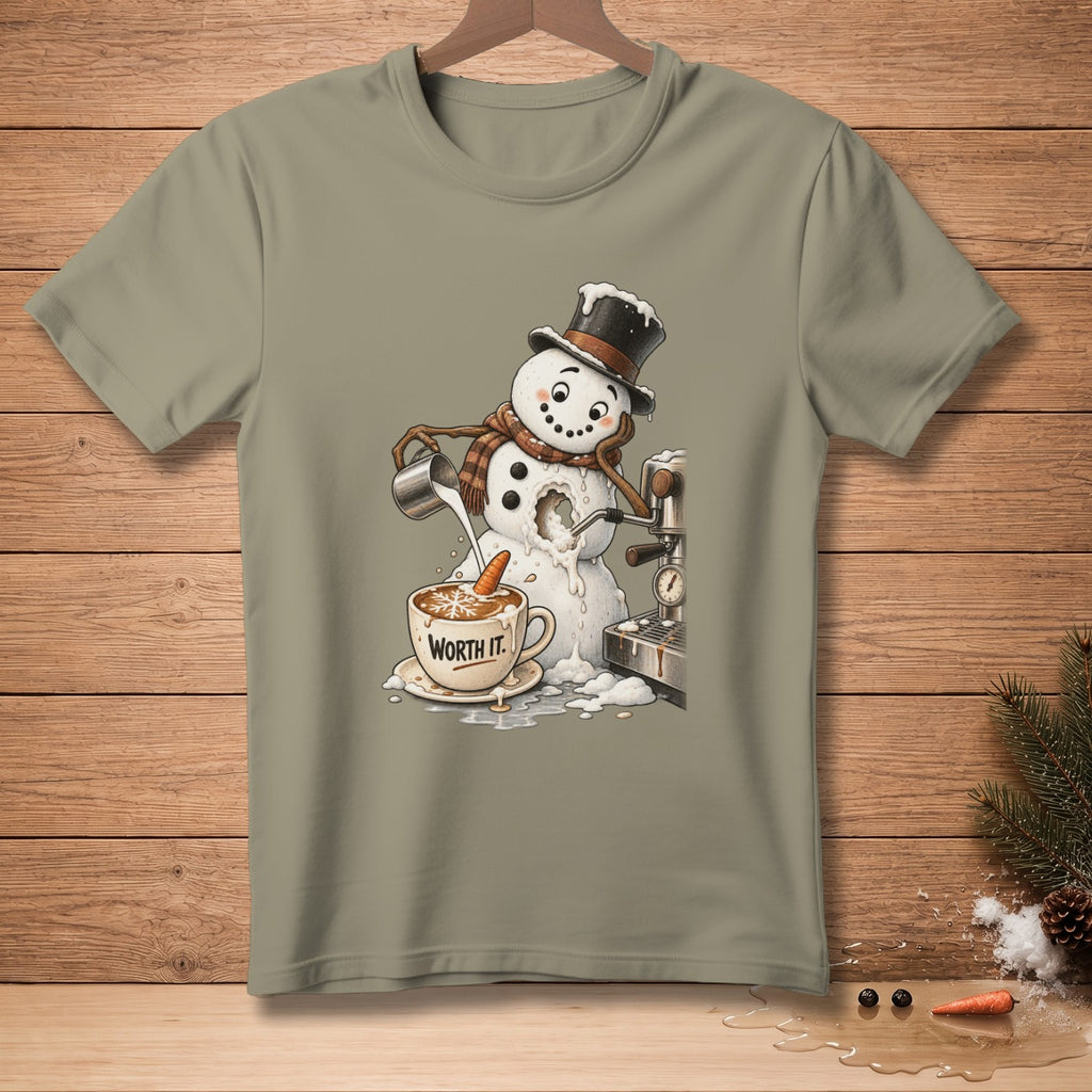Melting snowman making coffee, with text "WORTH IT." on cup.