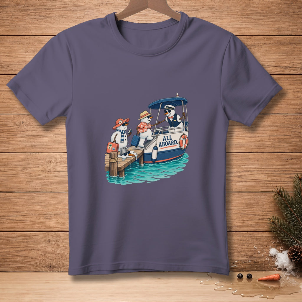 Snowmen with luggage boarding a boat with "ALL ABOARD." text.
