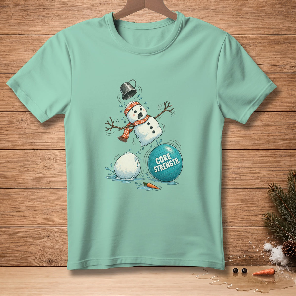 Mint t-shirt with a melting snowman falling near a turquoise exercise ball.