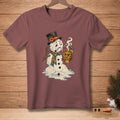 Melting snowman in a top hat and scarf holding a "Hot Toddy" drink.