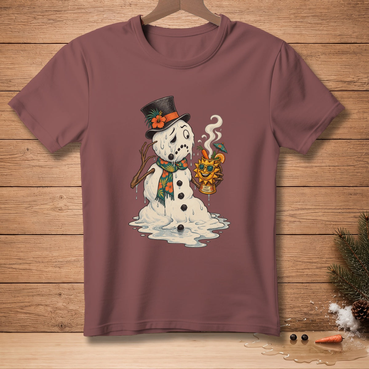 Melting snowman in a top hat and scarf holding a "Hot Toddy" drink.