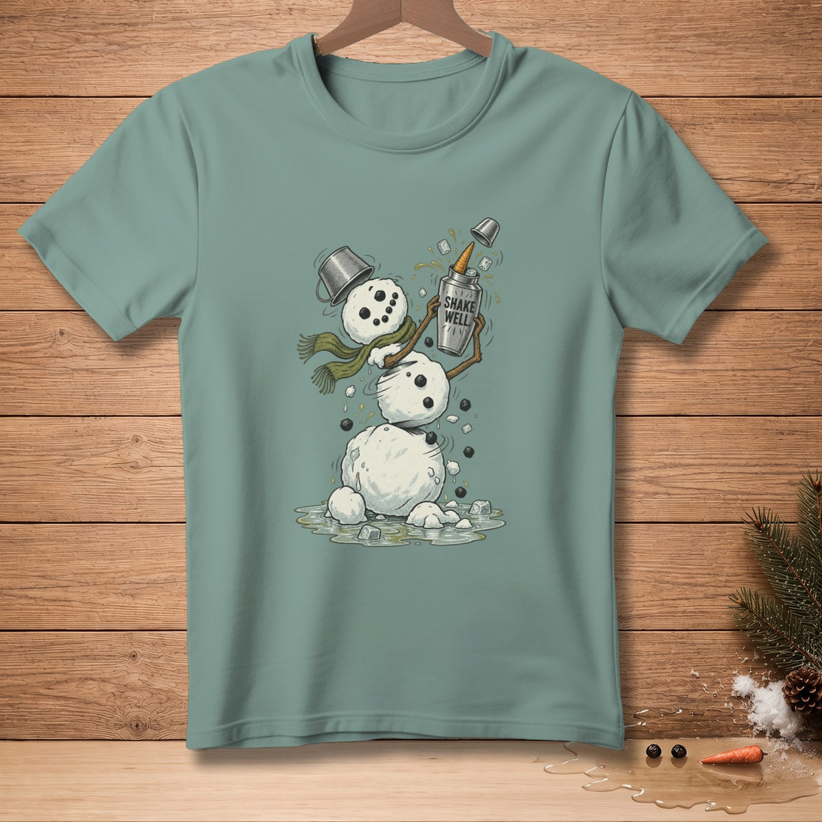 Snowman making a drink with "Shake Well" text on shaker.