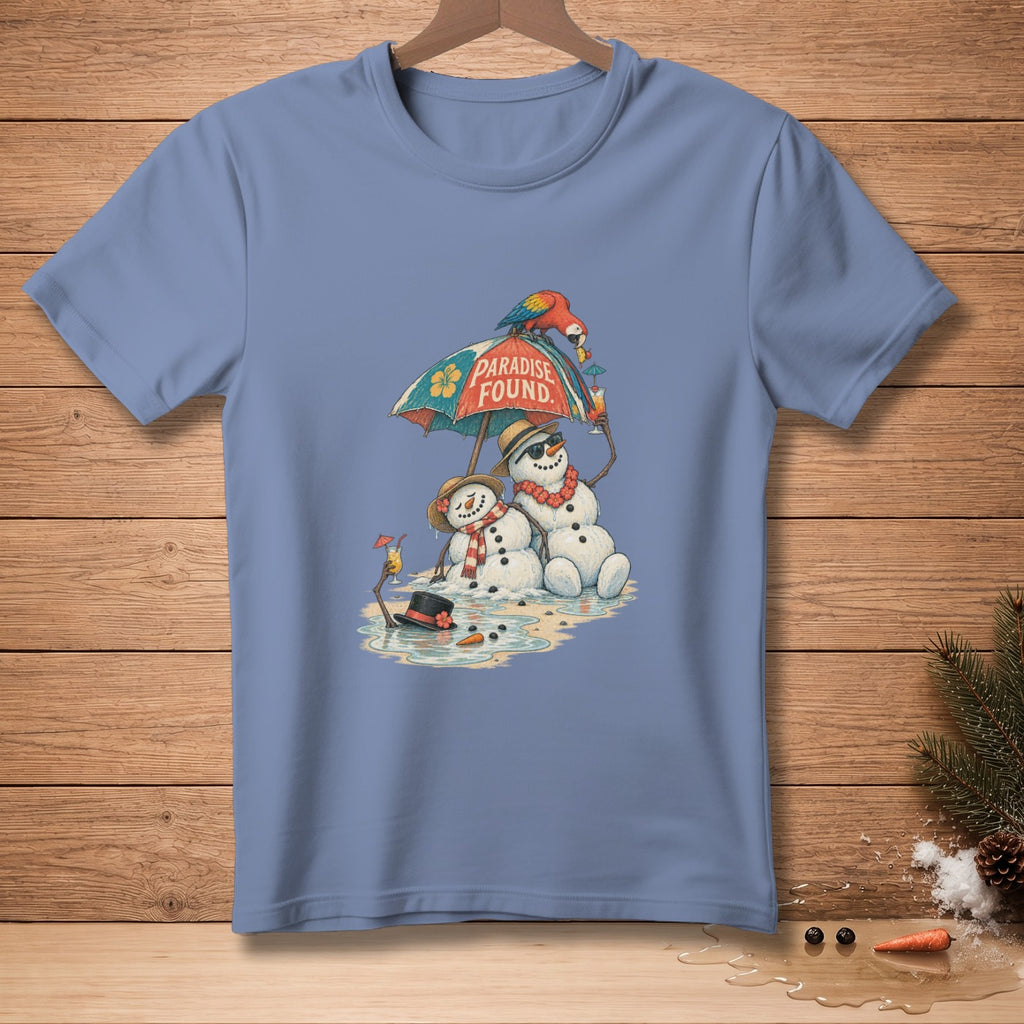 Snowmen under umbrella with parrot and drinks, text "PARADISE FOUND."