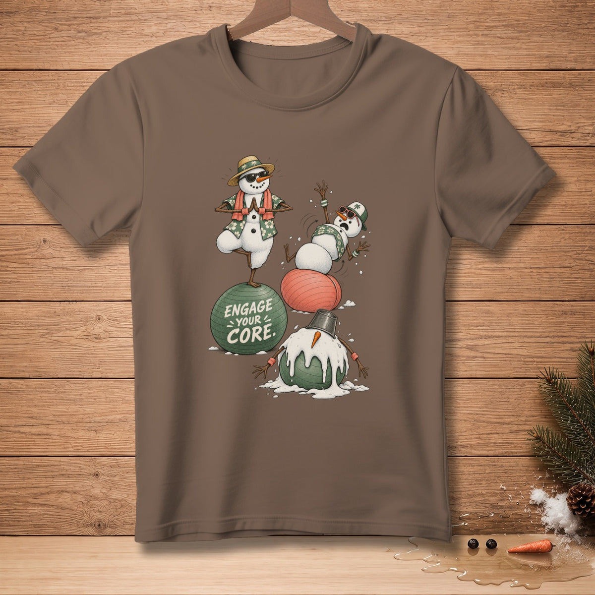 Snowmen doing yoga and exercising on balls, text "ENGAGE YOUR CORE".