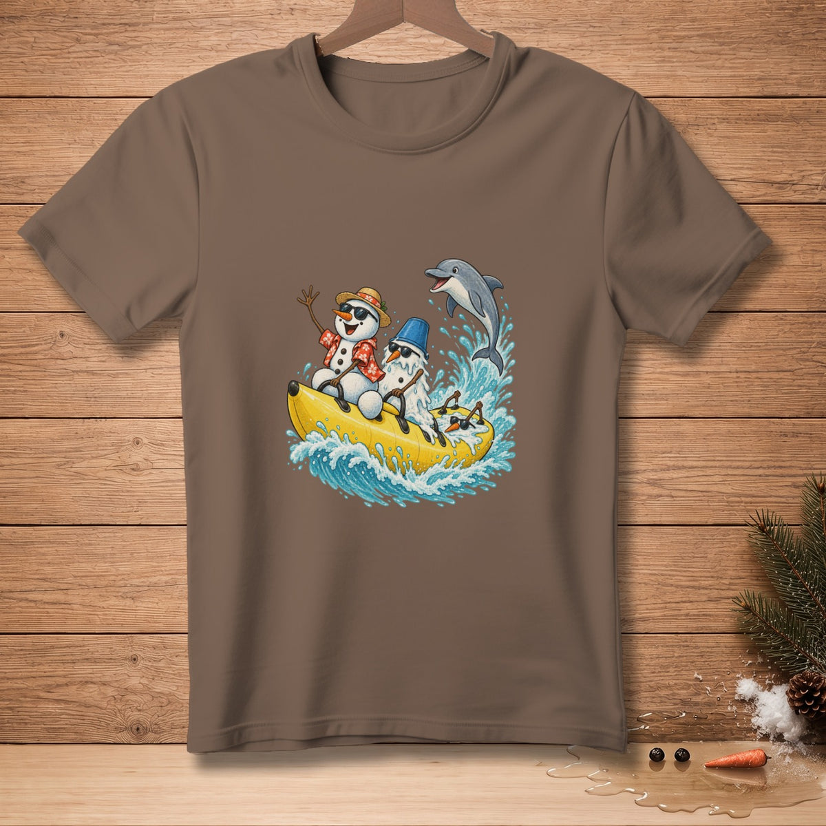 Snowmen ride a banana boat with a dolphin jumping nearby.