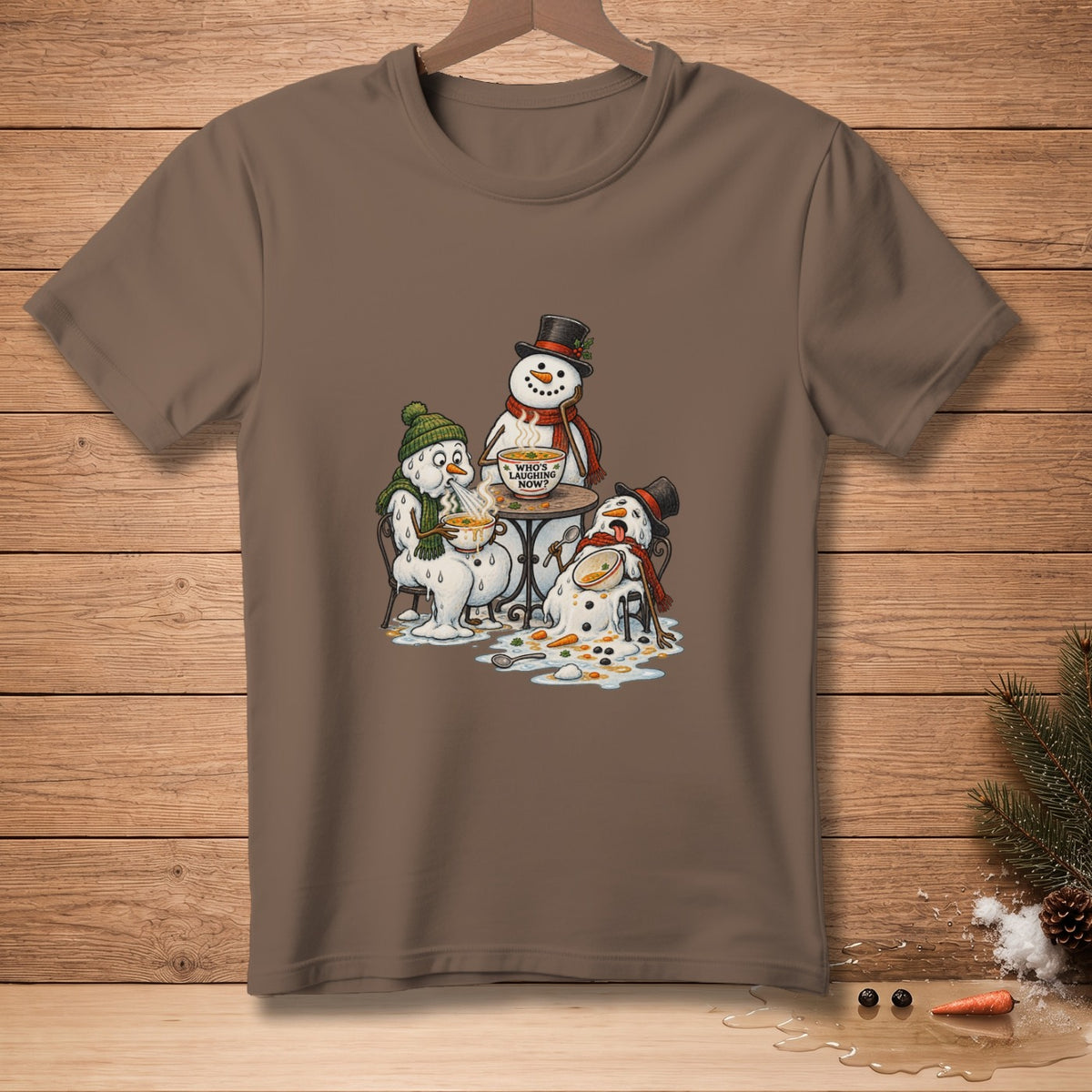 Melting snowmen eating soup with text "Who's laughing now?".