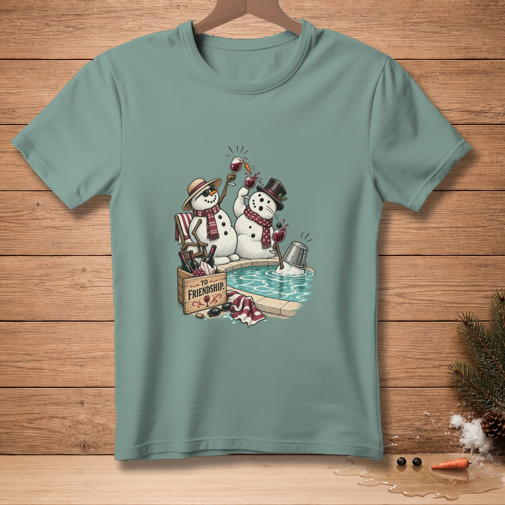 Two snowmen in a hot tub toasting with wine, with a box labeled "To Friendship."
