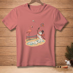 Melting snowman playing badminton with flamingo on beach.