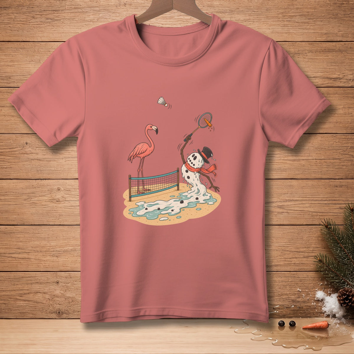 Melting snowman playing badminton with flamingo on beach.