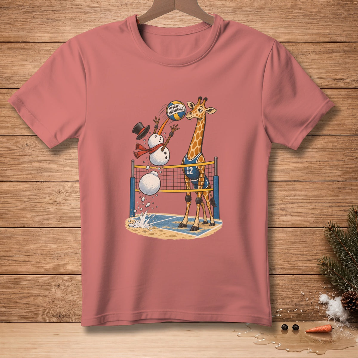 Giraffe and snowman playing volleyball on a beach with "Height Advantage" text on the ball.