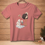 Ostrich and melting snowman with carrot on a pink t-shirt.